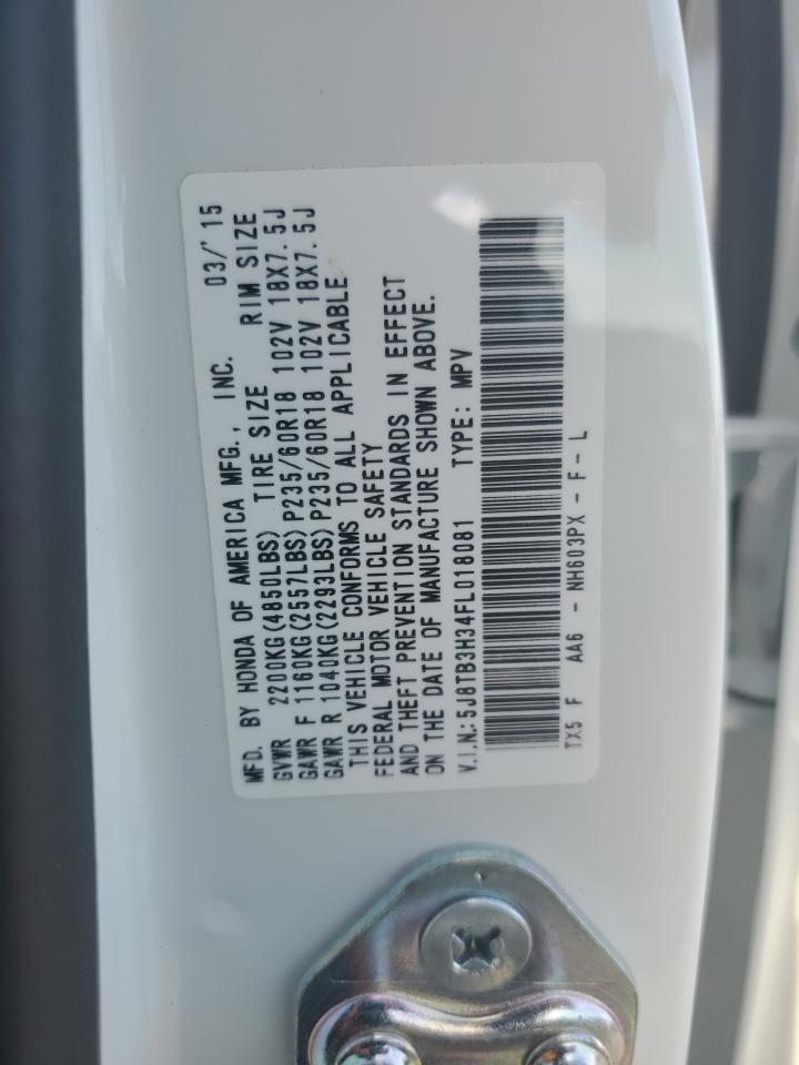 2015 Acura Rdx VIN: 5J8TB3H34FL018081 Lot: 92951495