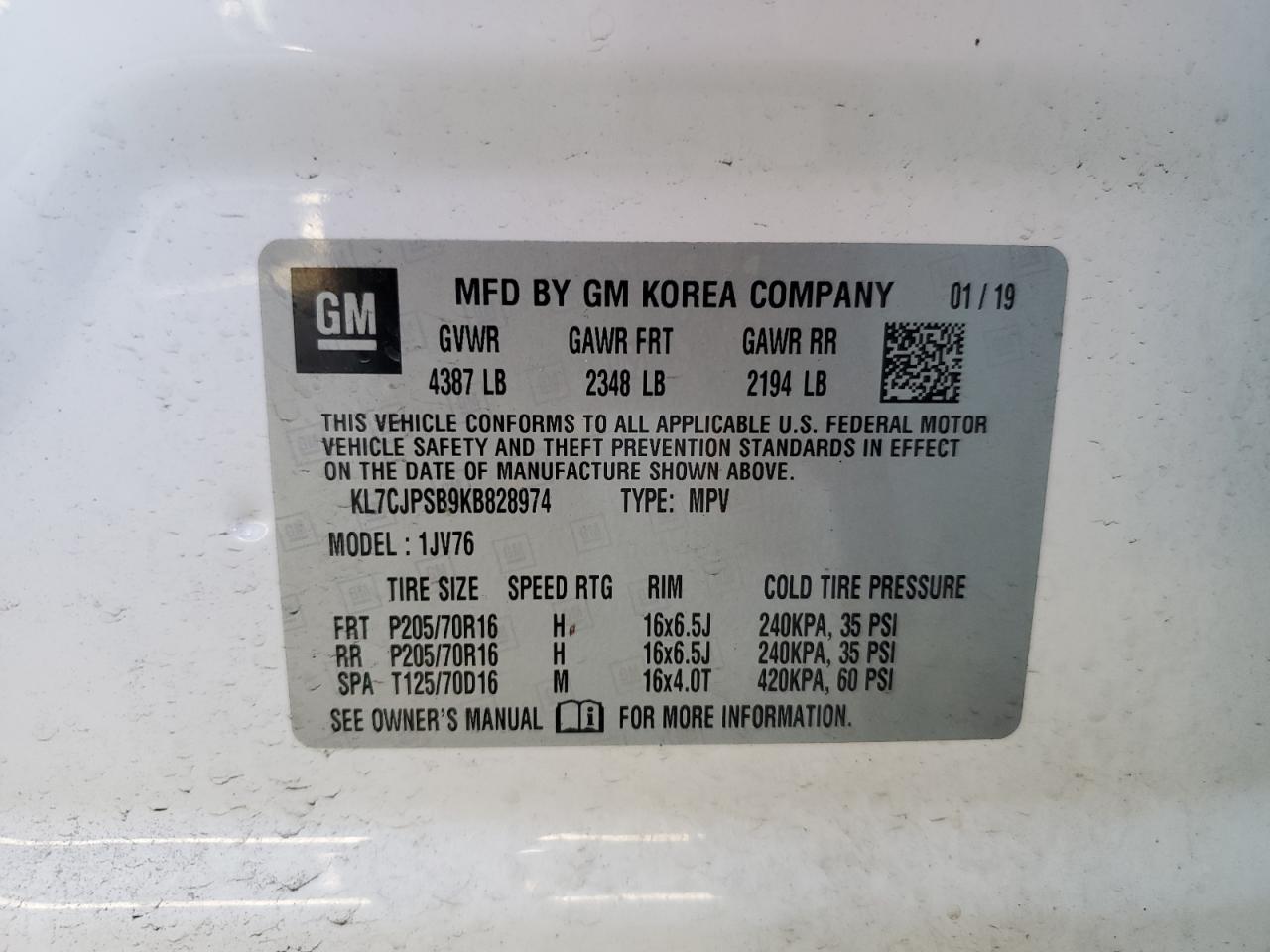 2019 Chevrolet Trax 1Lt VIN: KL7CJPSB9KB828974 Lot: 90697505