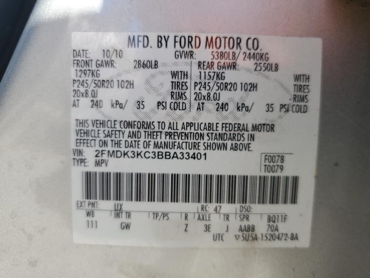 2011 Ford Edge Limited VIN: 2FMDK3KC3BBA33401 Lot: 91076375