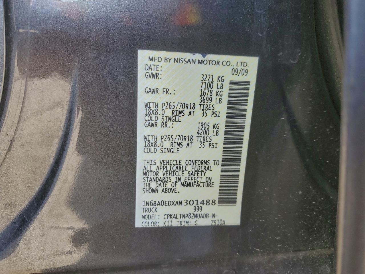 2010 Nissan Titan Xe VIN: 1N6BA0EDXAN301488 Lot: 91299105