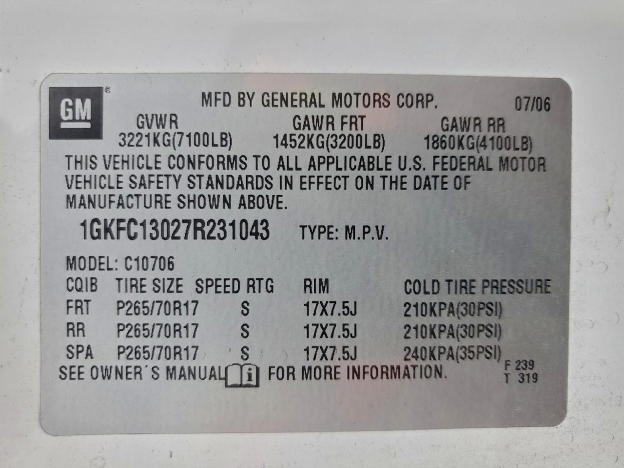 2007 GMC Yukon VIN: 1GKFC13027R231043 Lot: 94493885