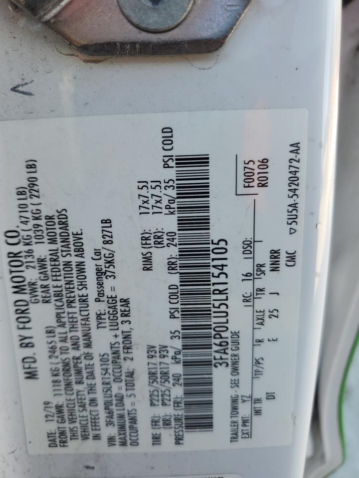 2020 Ford Fusion Se VIN: 3FA6P0LU5LR154105 Lot: 91284315