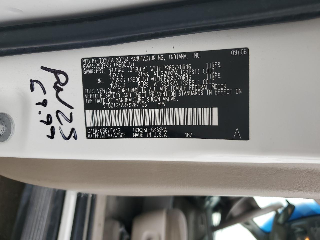 2007 Toyota Sequoia Sr5 VIN: 5TDZT34A97S287106 Lot: 92726095