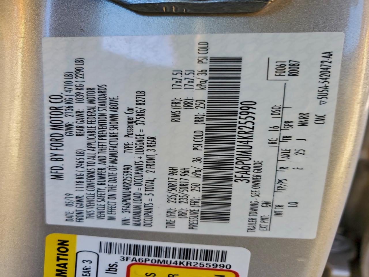 2019 Ford Fusion Sel VIN: 3FA6P0MU4KR255990 Lot: 94575965