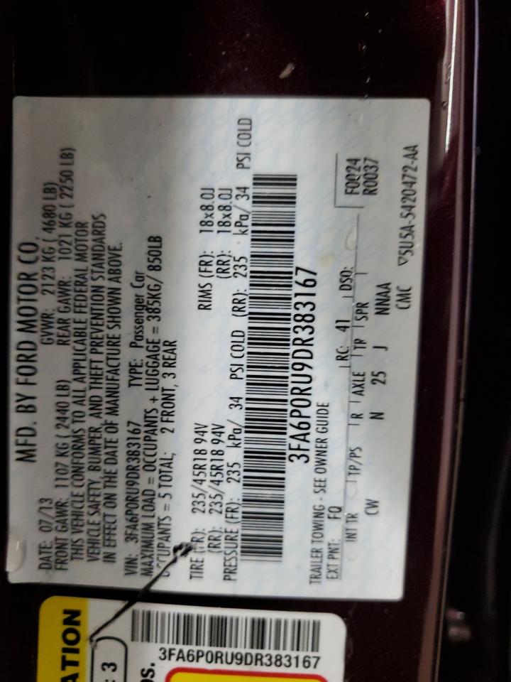 2013 Ford Fusion Titanium Hev VIN: 3FA6P0RU9DR383167 Lot: 93199985