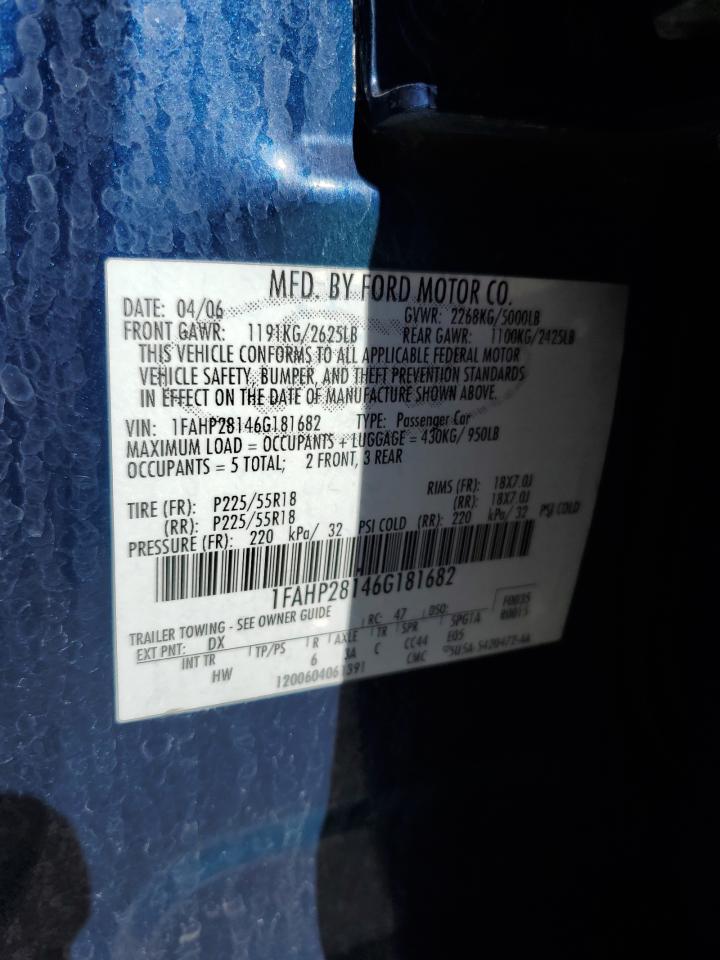 2006 Ford Five Hundred Limited VIN: 1FAHP28146G181682 Lot: 91466225