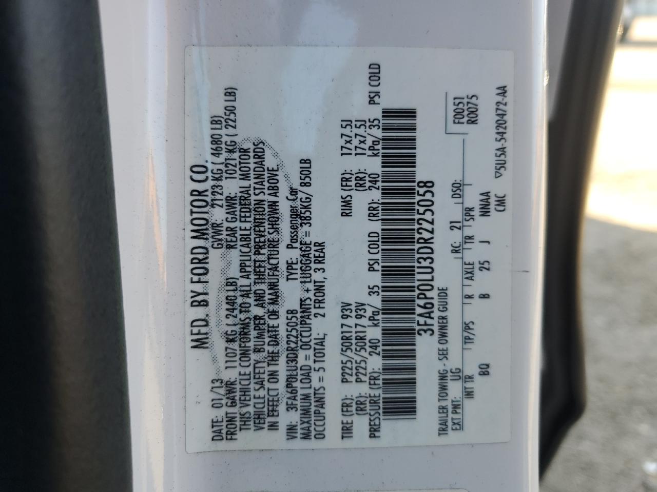 2013 Ford Fusion Se Hybrid VIN: 3FA6P0LU3DR225058 Lot: 92114135