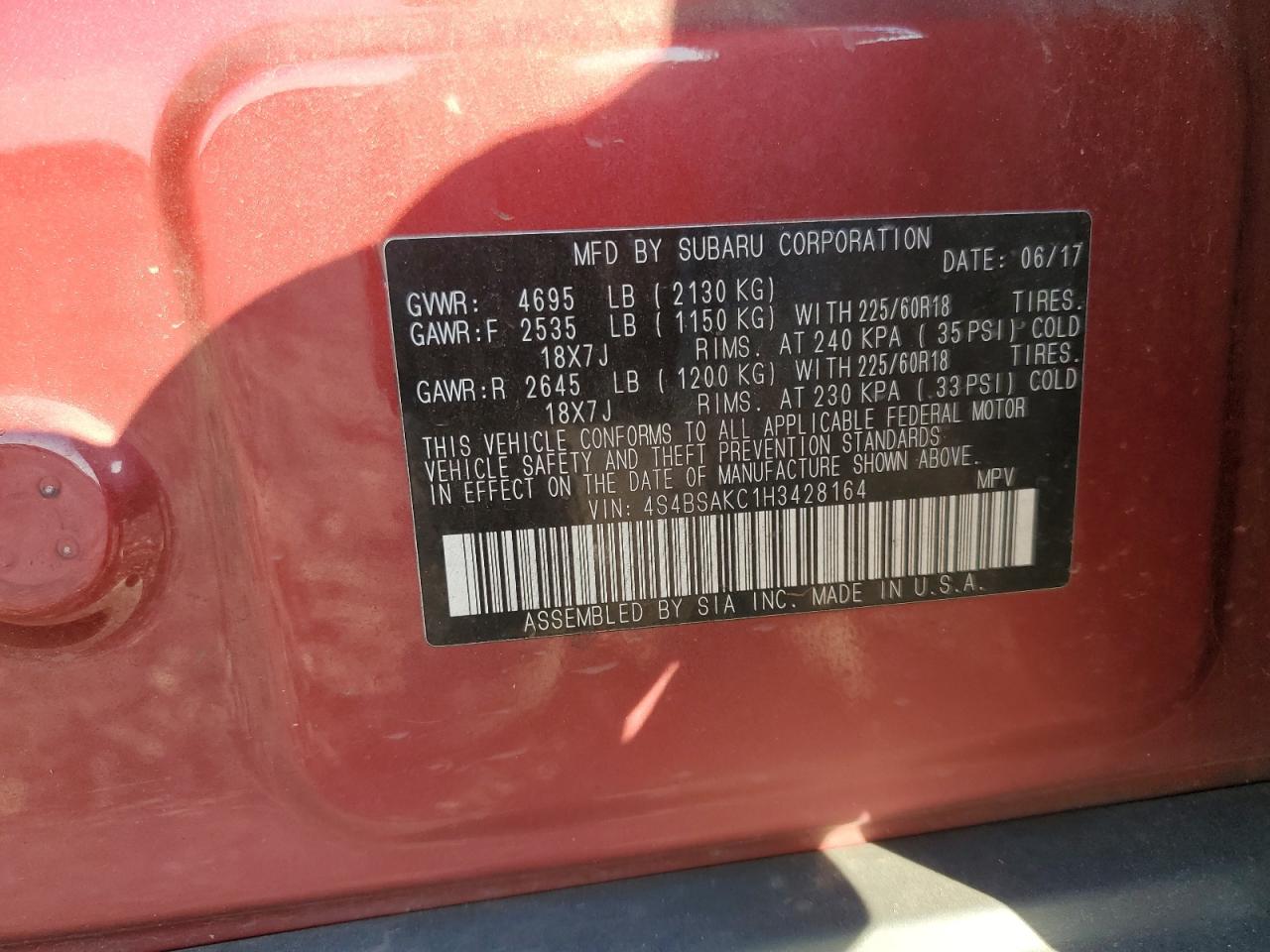 2017 Subaru Outback 2.5I Limited VIN: 4S4BSAKC1H3428164 Lot: 93215925