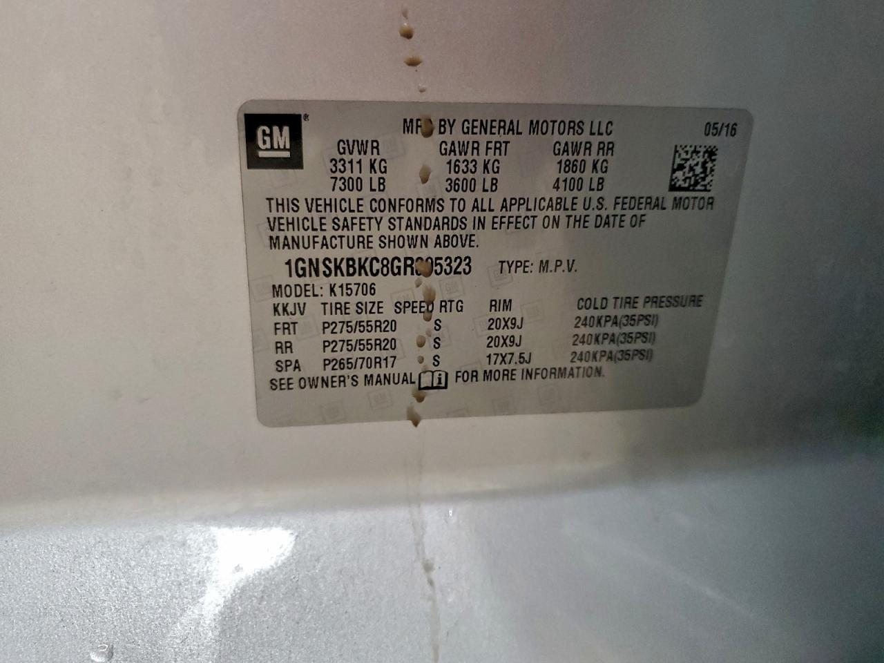 2016 Chevrolet Tahoe K1500 Lt VIN: 1GNSKBKC8GR395323 Lot: 93432685