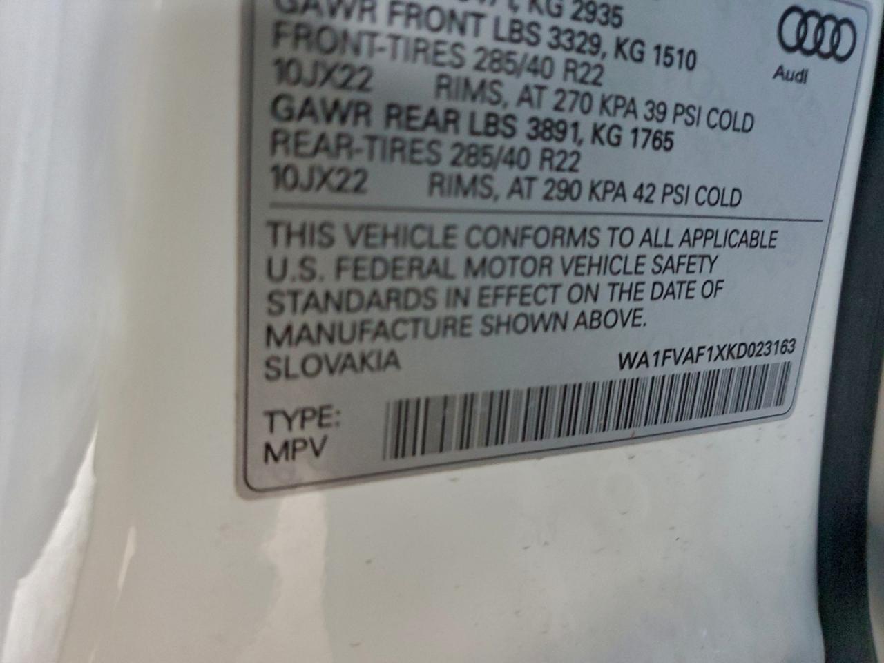 2019 Audi Q8 Prestige S-Line VIN: WA1FVAF1XKD023163 Lot: 93908365