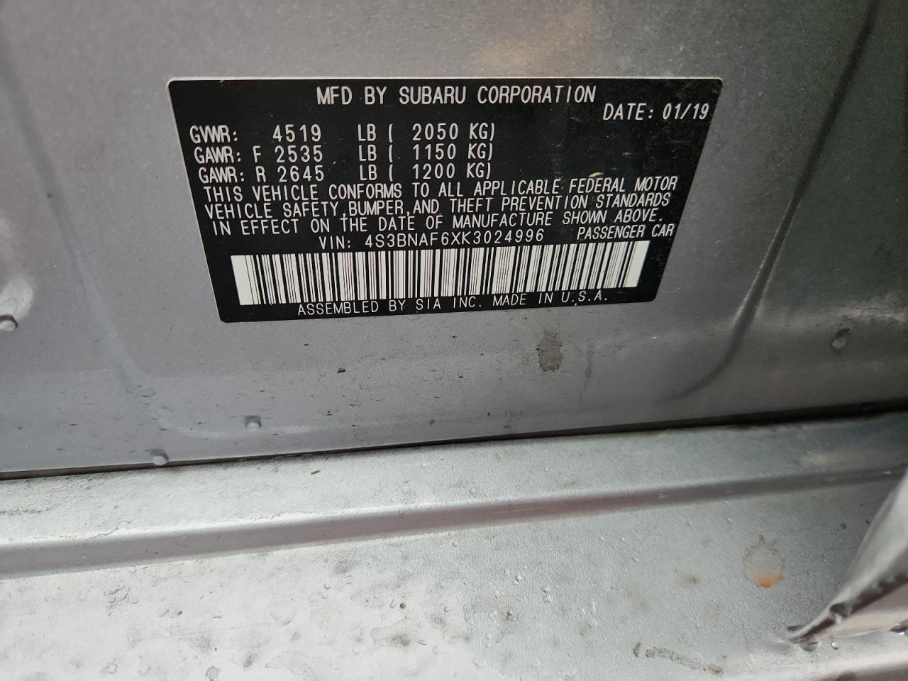 2019 Subaru Legacy 2.5I Premium VIN: 4S3BNAF6XK3024996 Lot: 90851195