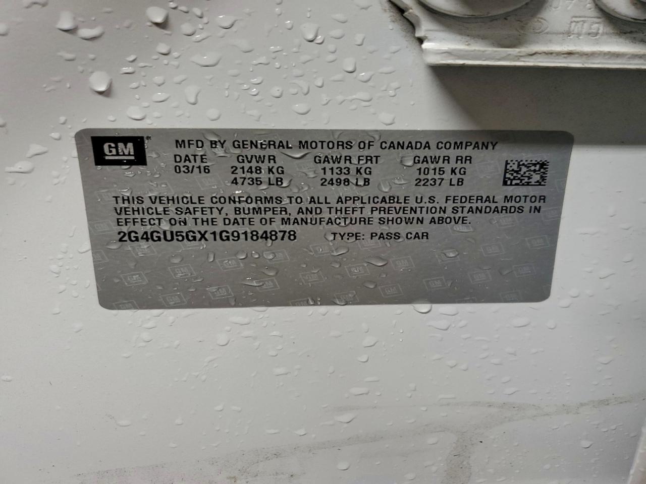 2016 Buick Regal Gs VIN: 2G4GU5GX1G9184878 Lot: 94336545