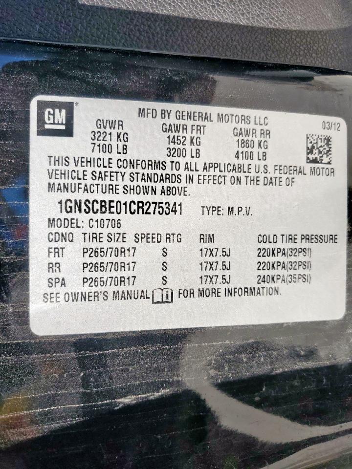 2012 Chevrolet Tahoe C1500 Lt VIN: 1GNSCBE01CR275341 Lot: 91093035