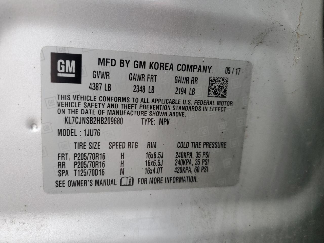 2017 Chevrolet Trax Ls VIN: KL7CJNSB2HB209680 Lot: 93503985