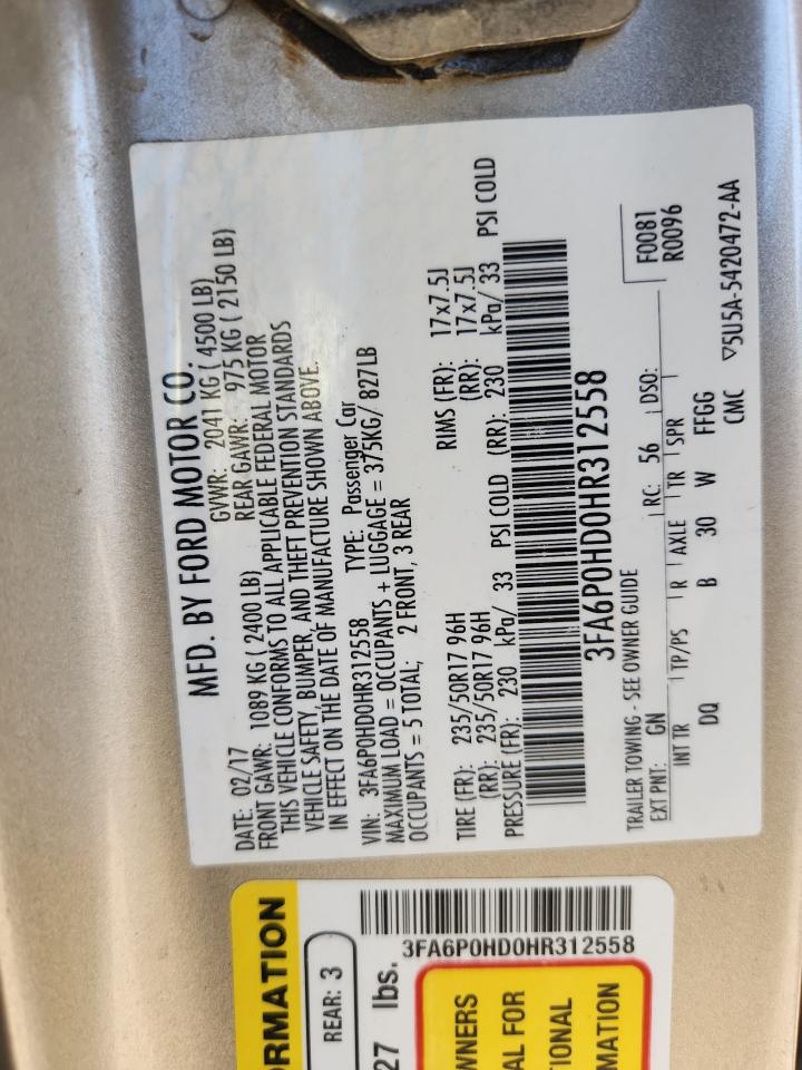 2017 Ford Fusion Se VIN: 3FA6P0HD0HR312558 Lot: 92329805