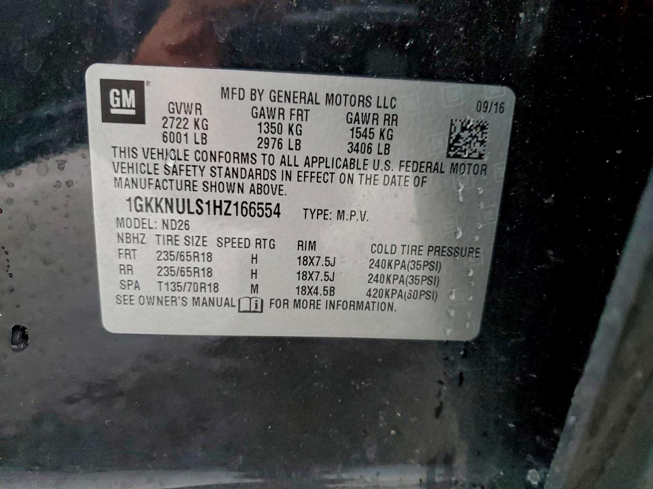 2017 GMC Acadia Slt-1 VIN: 1GKKNULS1HZ166554 Lot: 94363195