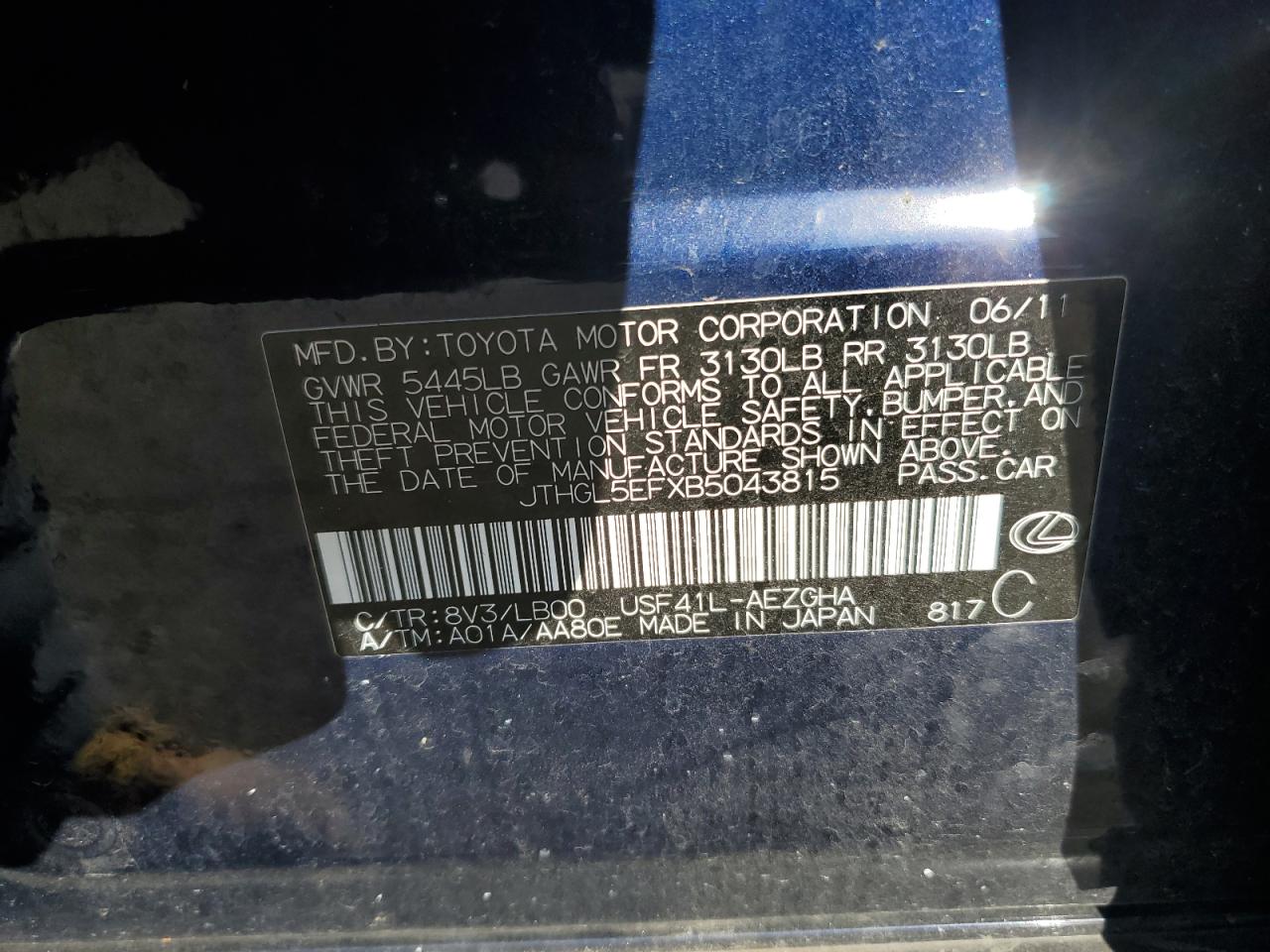 2011 Lexus Ls 460L VIN: JTHGL5EFXB5043815 Lot: 91864615