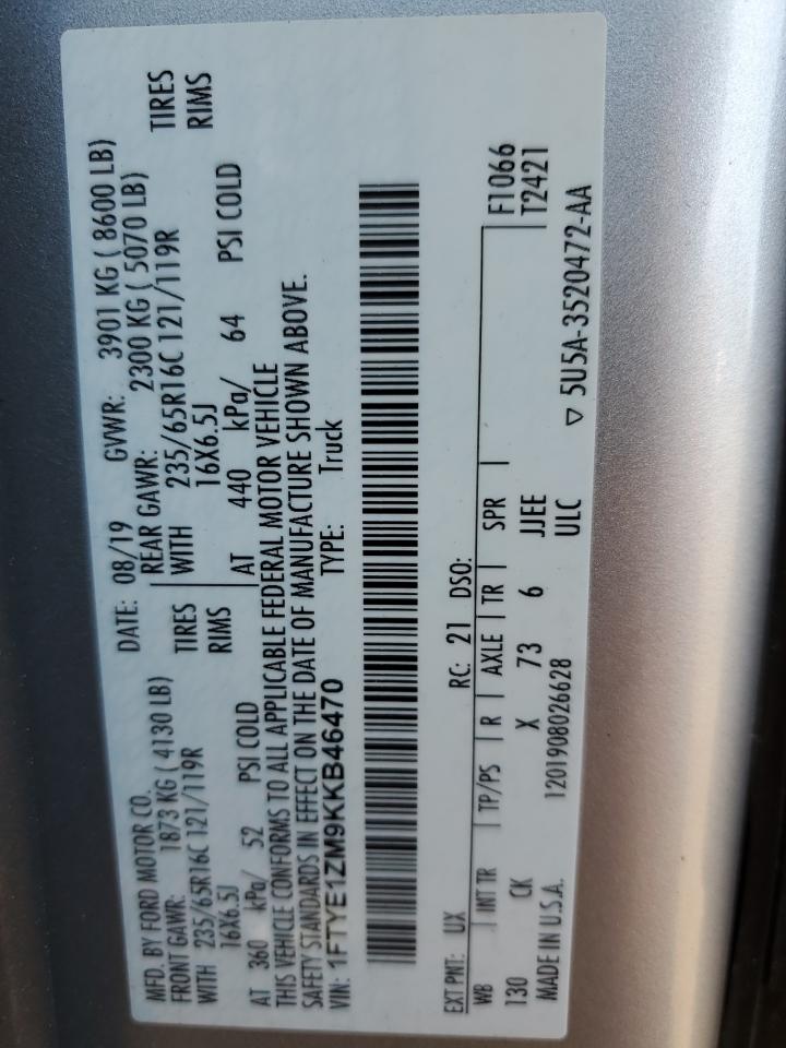 2019 Ford Transit 150 Delivery Van VIN: 1FTYE1ZM9KKB46470 Lot: 90680165