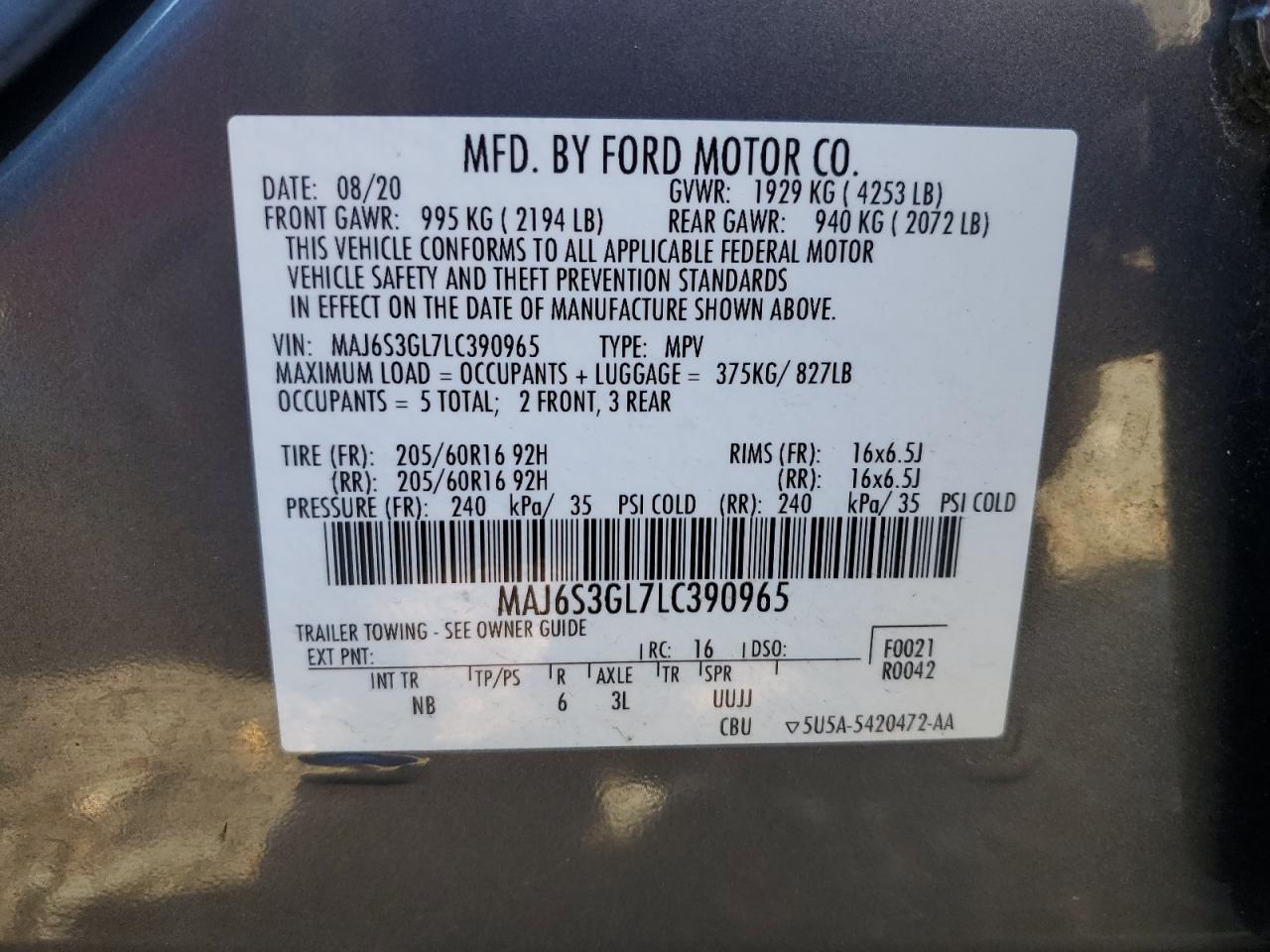 2020 Ford Ecosport Se VIN: MAJ6S3GL7LC390965 Lot: 91385535