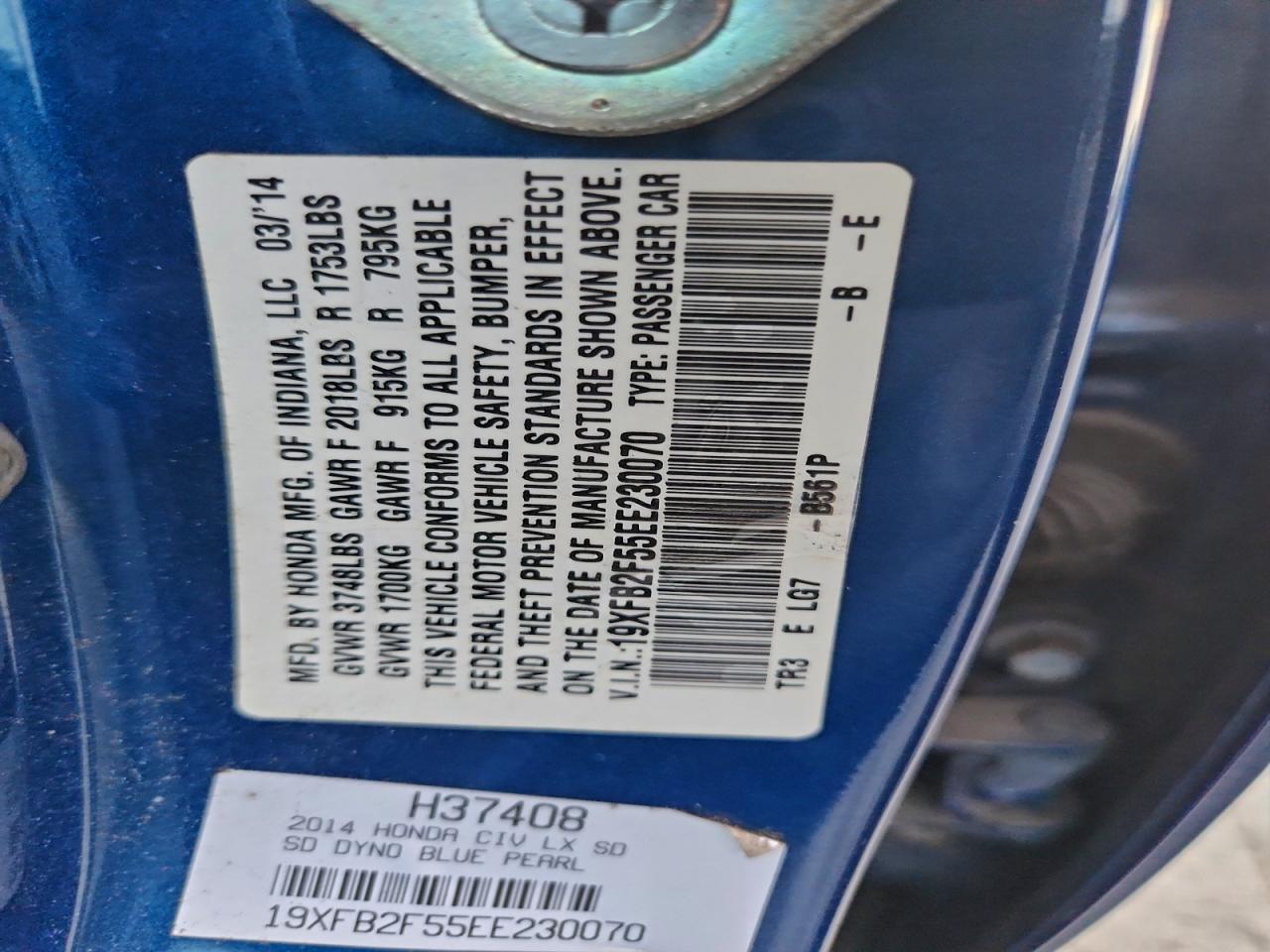 2014 Honda Civic Lx VIN: 19XFB2F55EE230070 Lot: 94385405