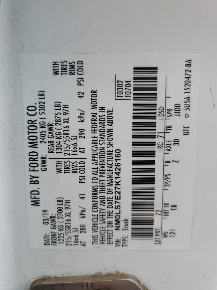 2019 Ford Transit Co Delivery Van VIN: NM0LS7E27K1426160 Lot: 90945495