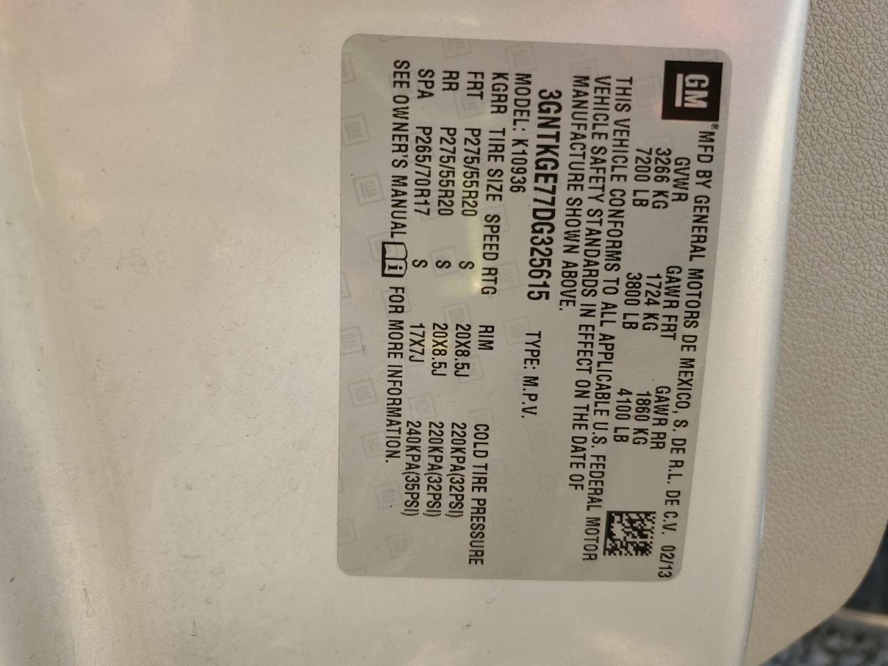 2013 Chevrolet Avalanche Ltz VIN: 3GNTKGE77DG325615 Lot: 91880855