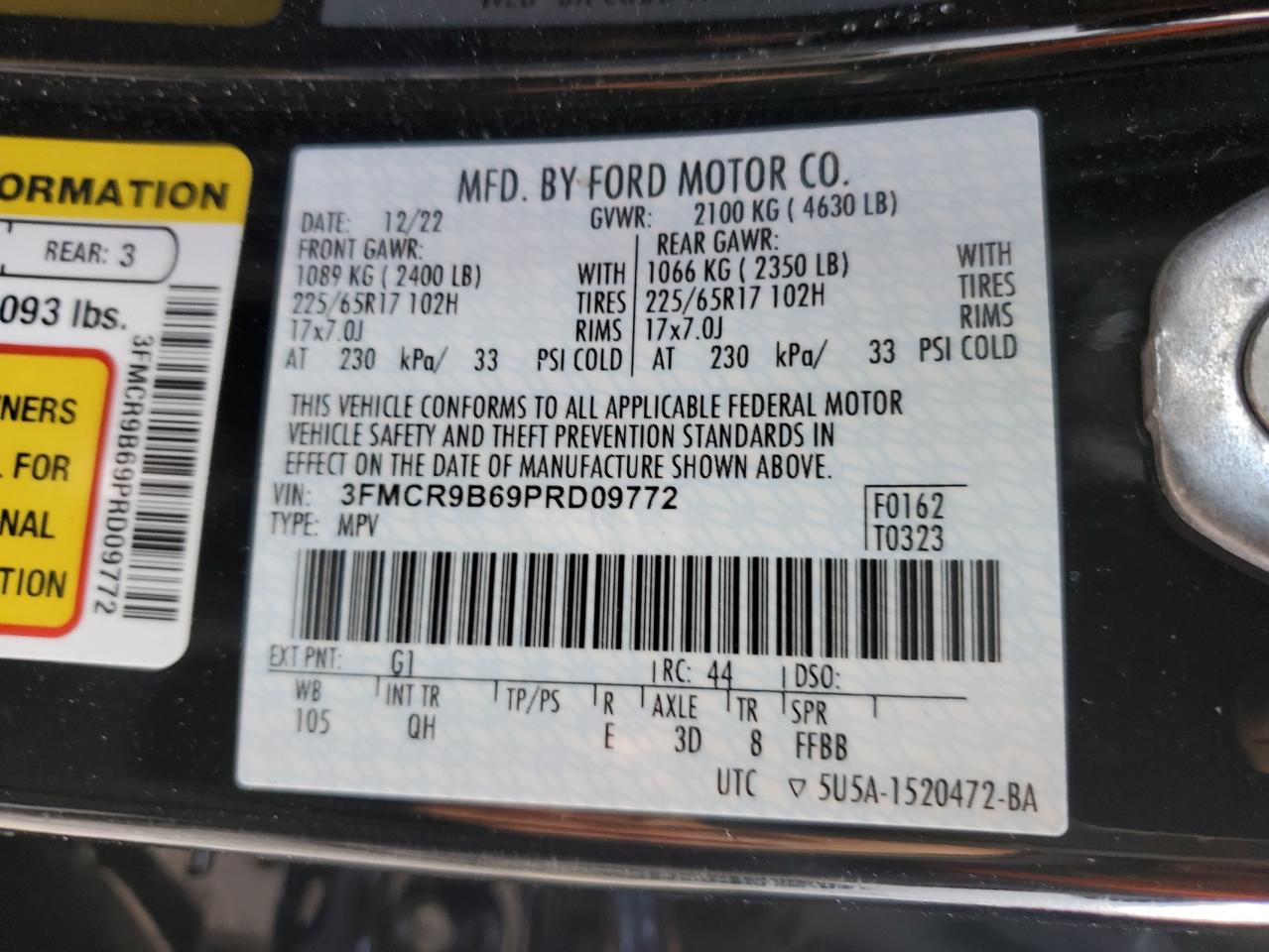 2023 Ford Bronco Sport Big Bend VIN: 3FMCR9B69PRD09772 Lot: 93383775