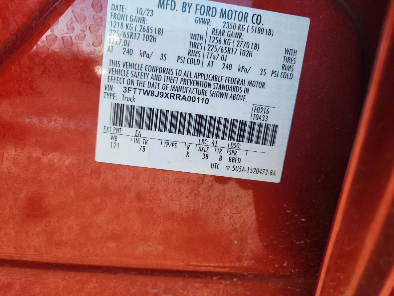 2024 Ford Maverick Xlt VIN: 3FTTW8J9XRRA00110 Lot: 92908005