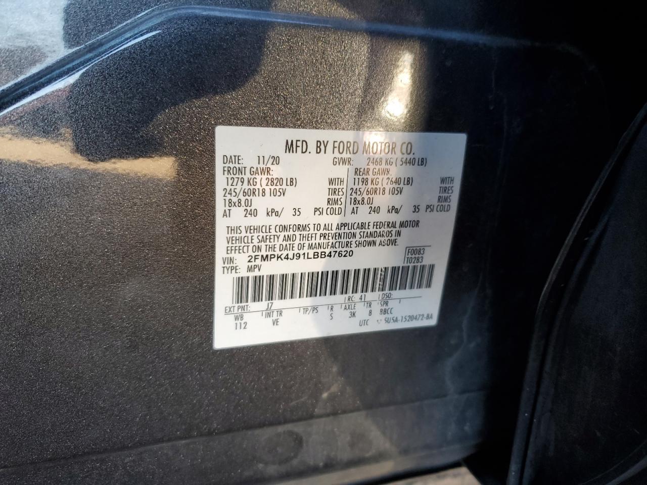 2020 Ford Edge Sel VIN: 2FMPK4J91LBB47620 Lot: 90614885