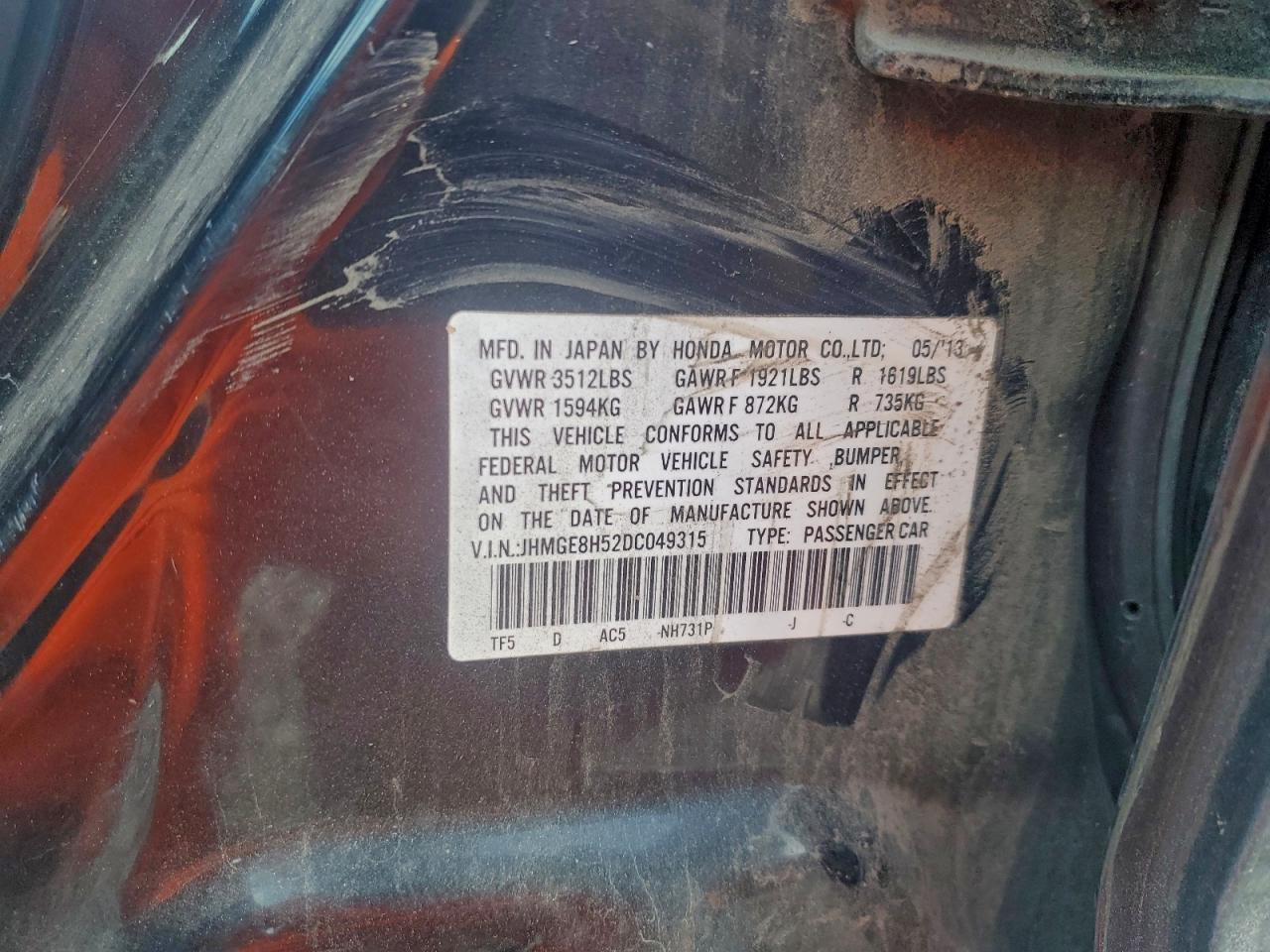 2013 Honda Fit Sport VIN: JHMGE8H52DC049315 Lot: 92613325