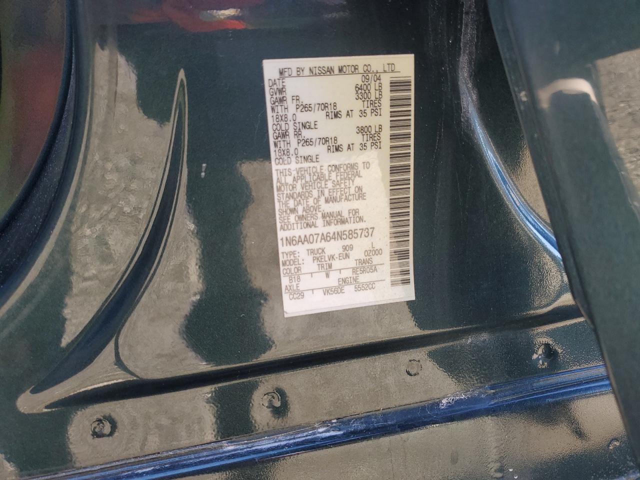 2004 Nissan Titan Xe VIN: 1N6AA07A64N585737 Lot: 93321195