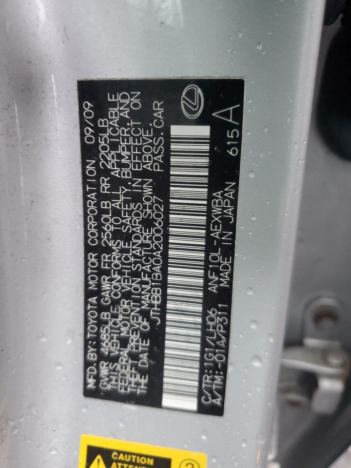 2010 Lexus Hs 250H VIN: JTHBB1BA0A2006027 Lot: 92162615