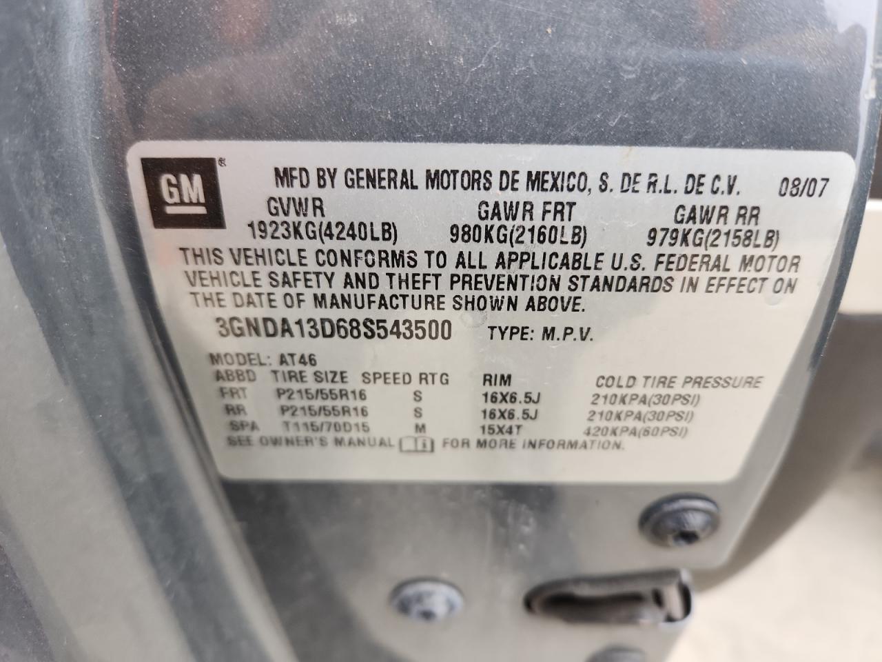 2008 Chevrolet Hhr Ls VIN: 3GNDA13D68S543500 Lot: 93552185