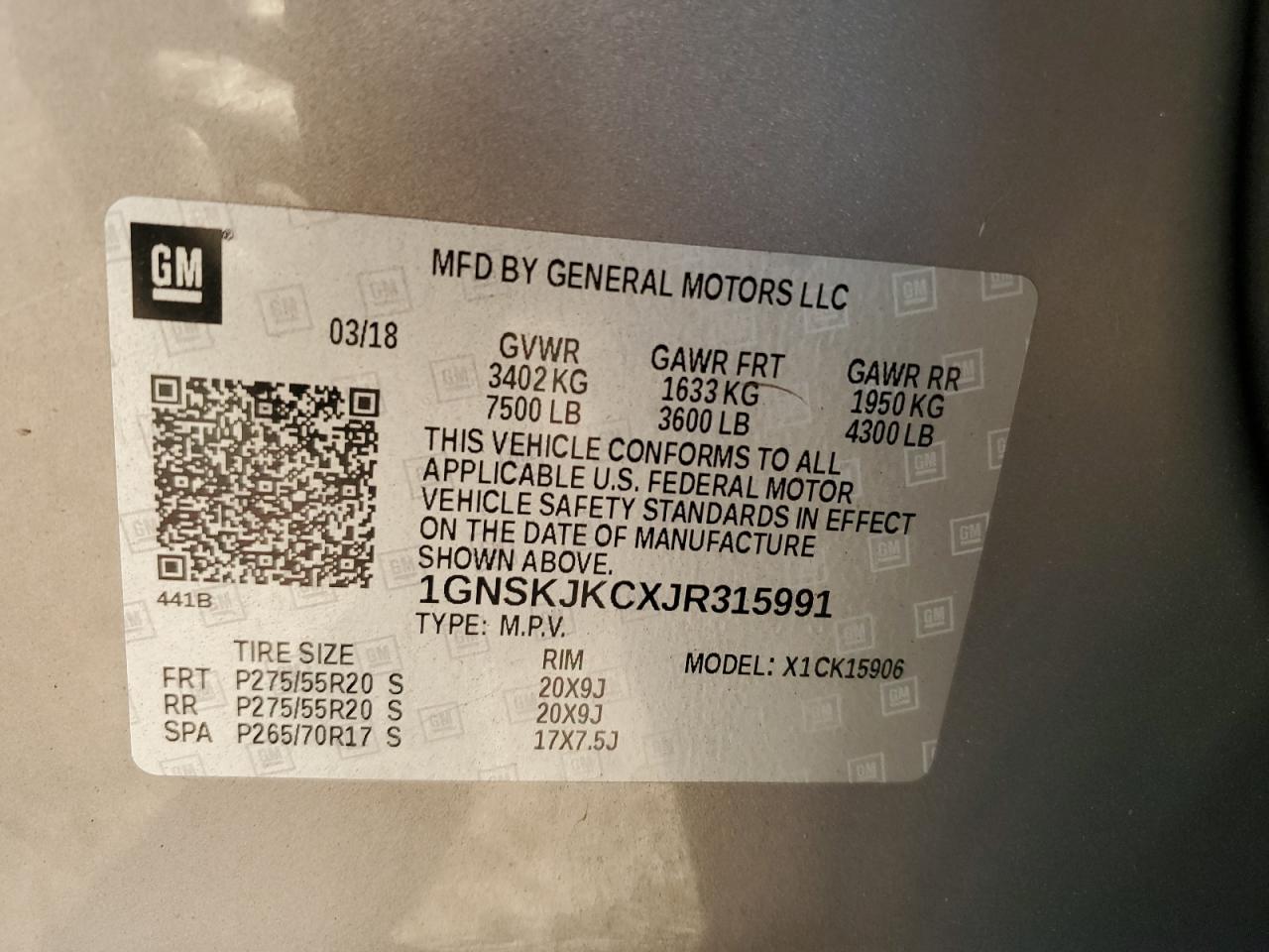 2018 Chevrolet Suburban K1500 Premier VIN: 1GNSKJKCXJR315991 Lot: 92573535