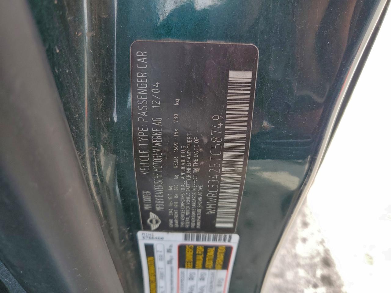 2005 Mini Cooper VIN: WMWRC33425TC58749 Lot: 94270915