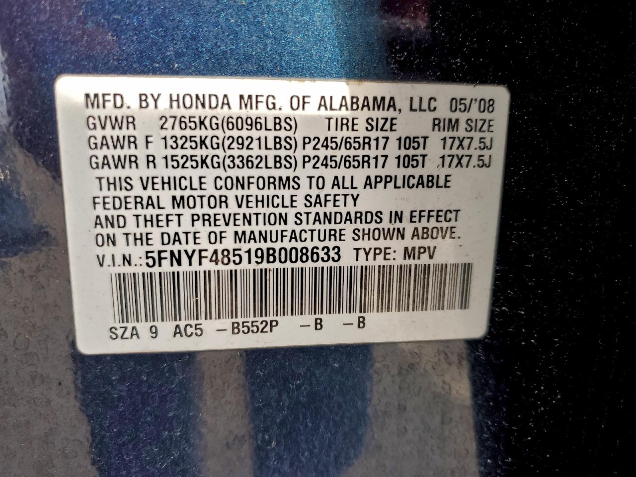 2009 Honda Pilot Exl VIN: 5FNYF48519B008633 Lot: 94332745