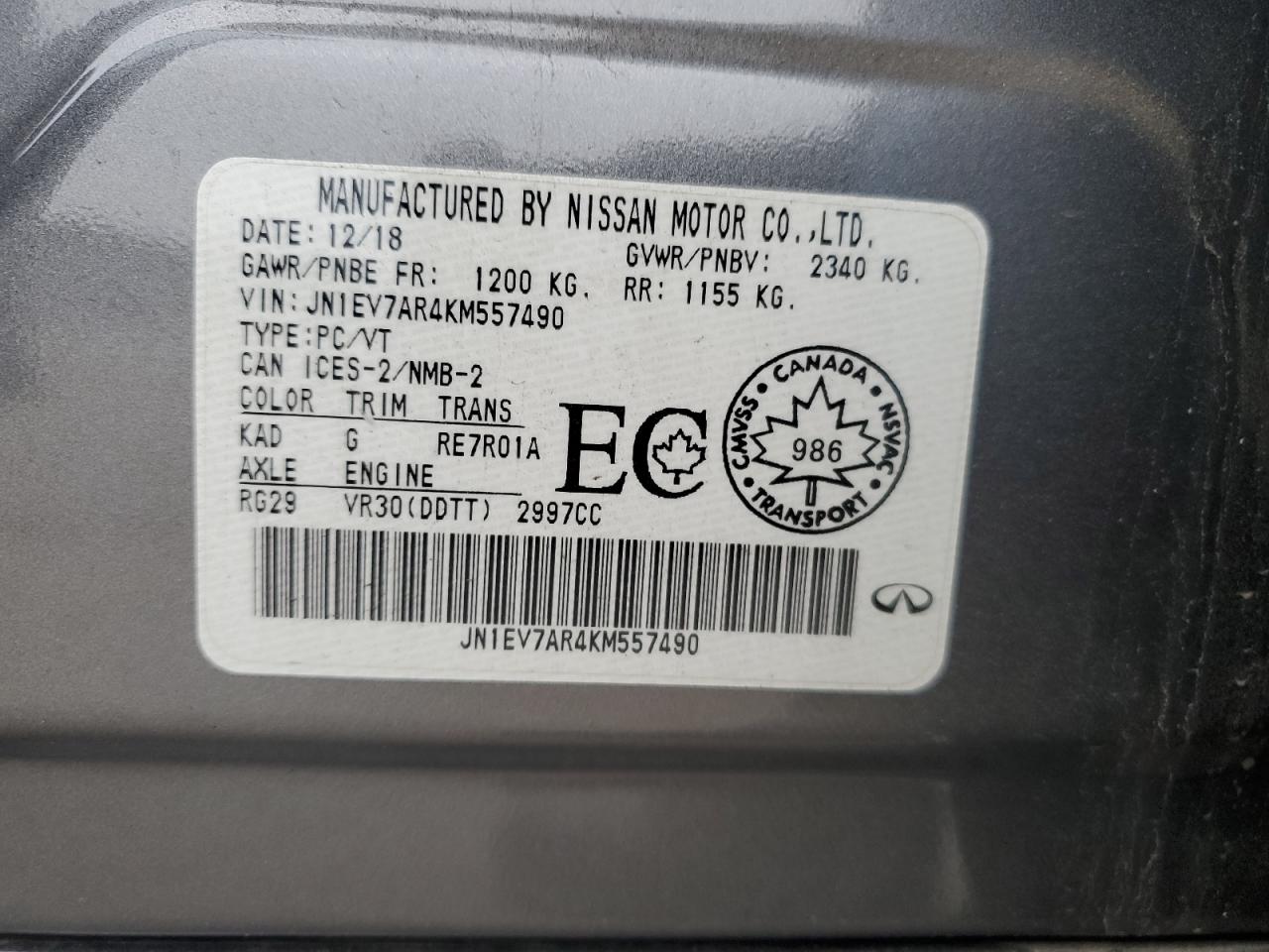 2019 Infiniti Q50 Luxe VIN: JN1EV7AR4KM557490 Lot: 92445015