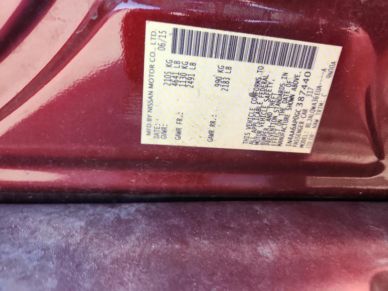 2016 Nissan Maxima 3.5S VIN: 1N4AA6AP0GC387440 Lot: 93282015