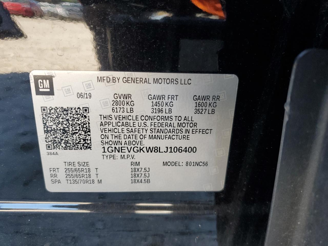 2020 Chevrolet Traverse Lt VIN: 1GNEVGKW8LJ106400 Lot: 93378525