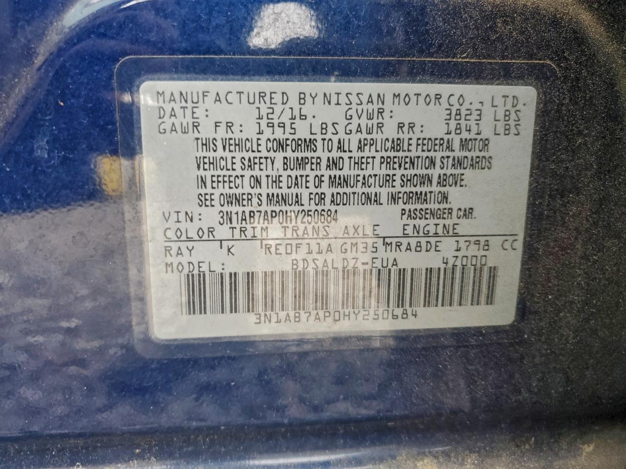 2017 Nissan Sentra S VIN: 3N1AB7AP0HY250684 Lot: 94052735