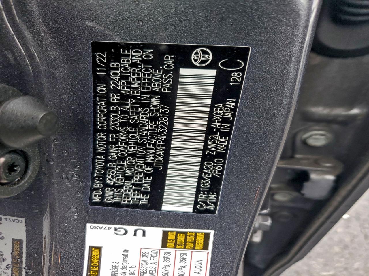 2022 Toyota Prius Prime Le VIN: JTDKAMFP4N3228137 Lot: 93261845