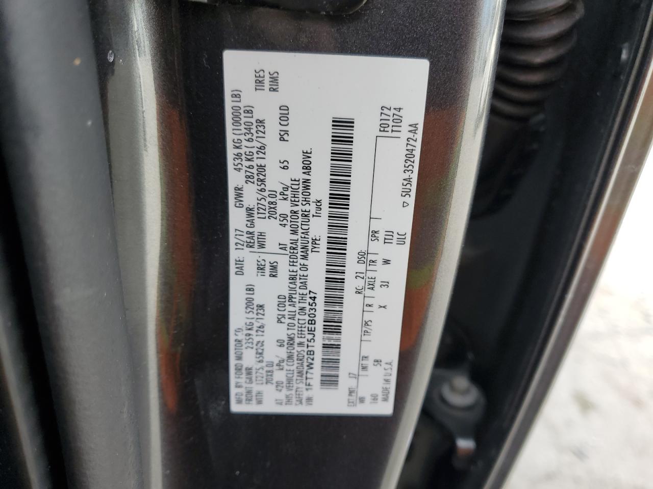 2018 Ford F250 Super Duty VIN: 1FT7W2BT5JEB03547 Lot: 92595085