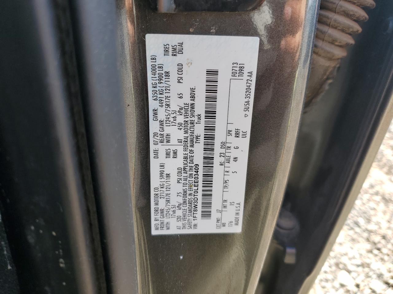 2020 Ford F350 Super Duty VIN: 1FT8W3DT0LEE03409 Lot: 91280605