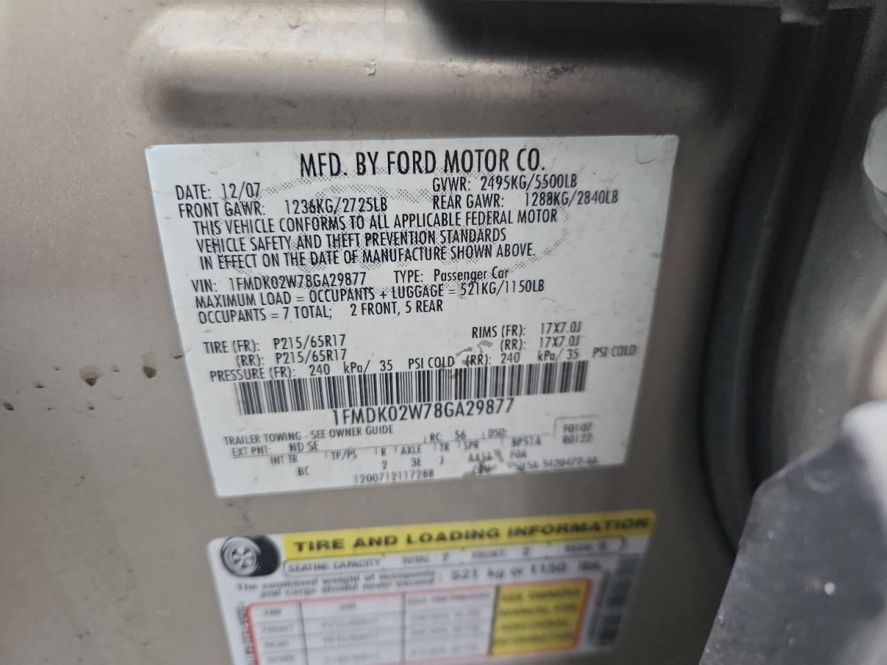 2008 Ford Taurus X Sel VIN: 1FMDK02W78GA29877 Lot: 93722725