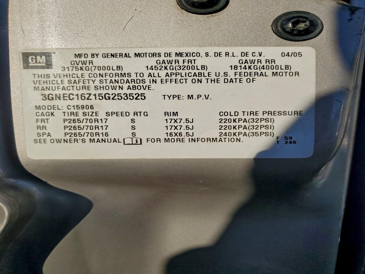 2005 Chevrolet Suburban C1500 VIN: 3GNEC16Z15G253525 Lot: 94530655