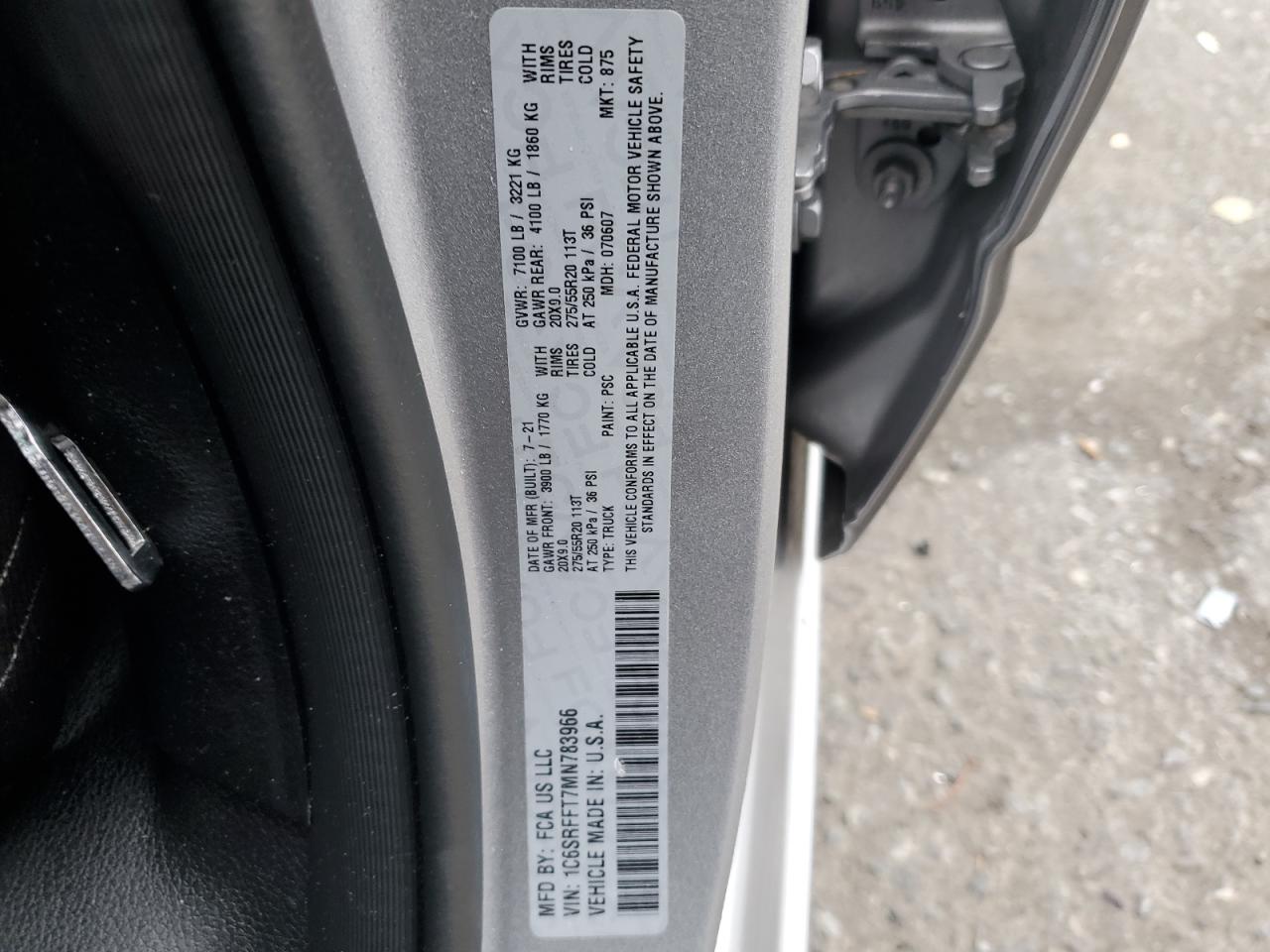 2021 Ram 1500 Big Horn/Lone Star VIN: 1C6SRFFT7MN783966 Lot: 93020725