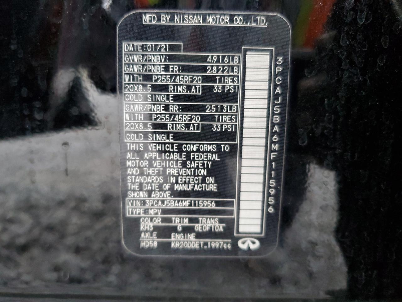 2021 Infiniti Qx50 Luxe VIN: 3PCAJ5BA6MF115956 Lot: 91330645