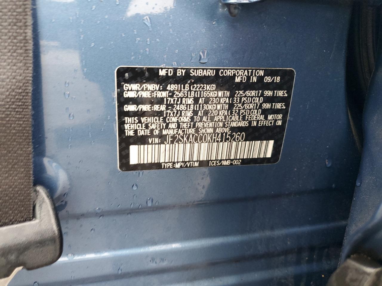 2019 Subaru Forester VIN: JF2SKACC0KH415260 Lot: 93298055