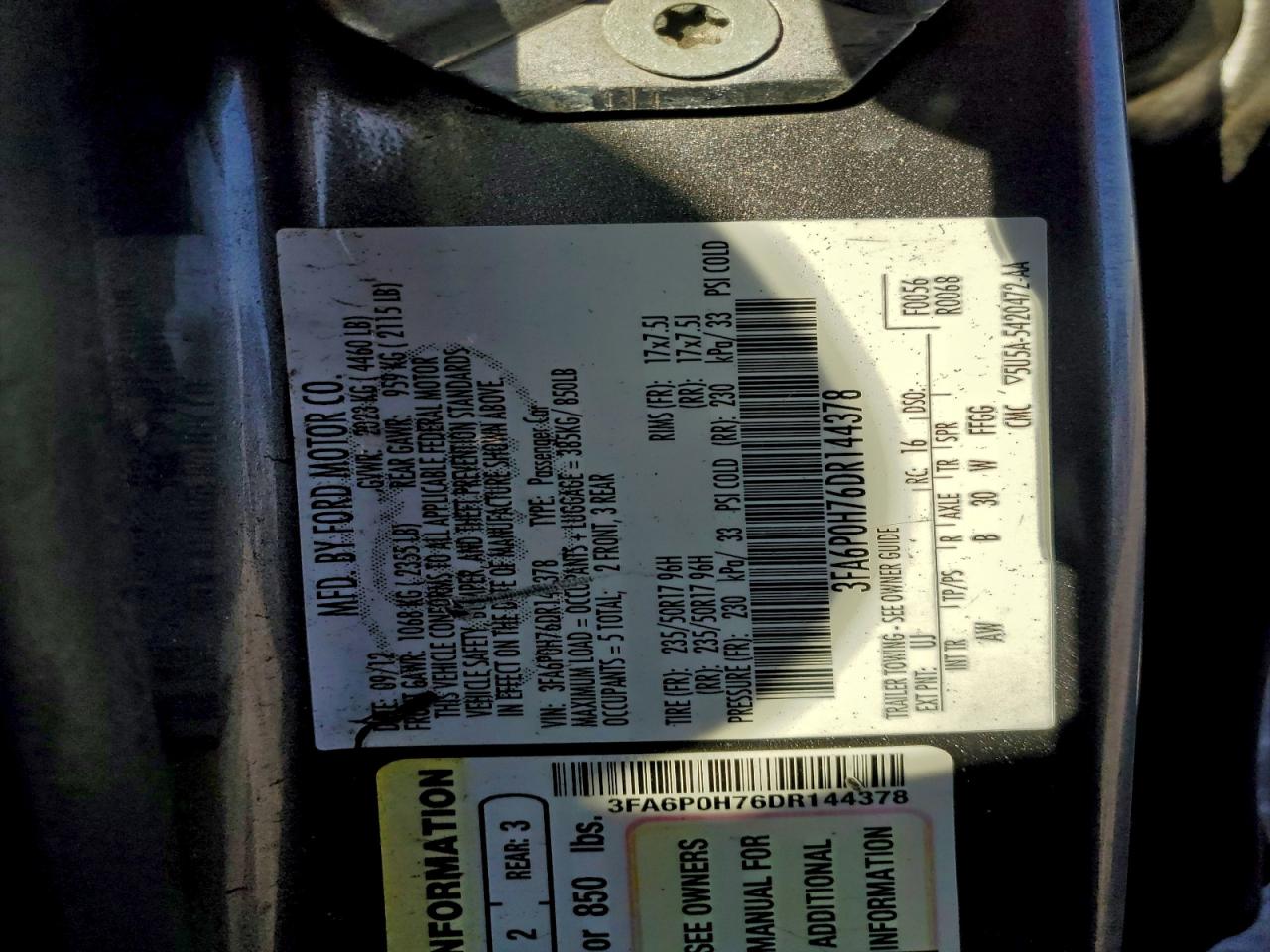 2013 Ford Fusion Se VIN: 3FA6P0H76DR144378 Lot: 93895315