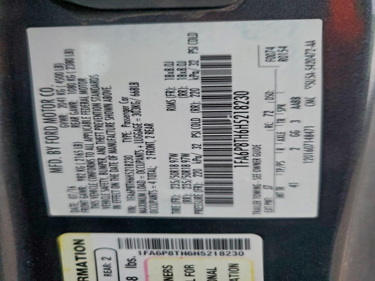 2017 Ford Mustang VIN: 1FA6P8TH6H5218230 Lot: 94042985